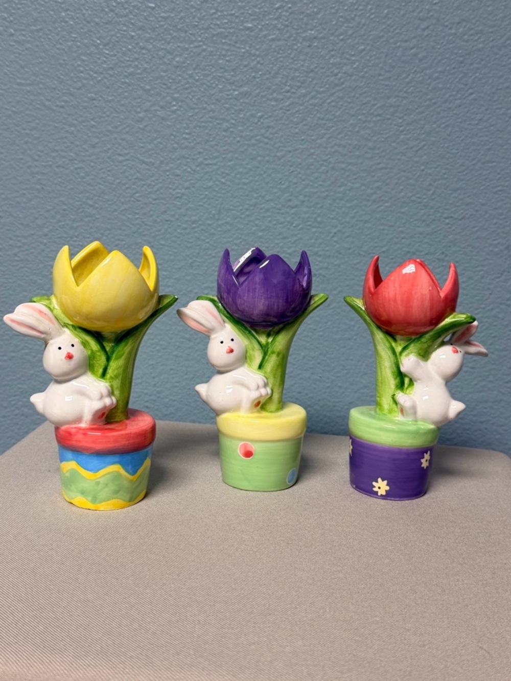 Ceramic Bunny Tulip Votive Holders Vase - Yellow, Purple, Red Set of 3 Vintage